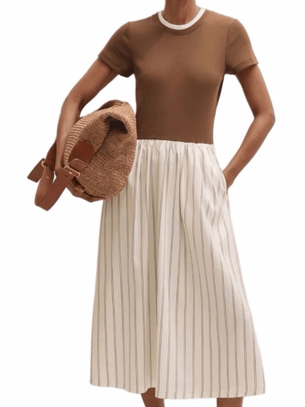 ME+EM Mixed Media Stripe Midi Dress in Nutmeg Brown / Cream - Size 6